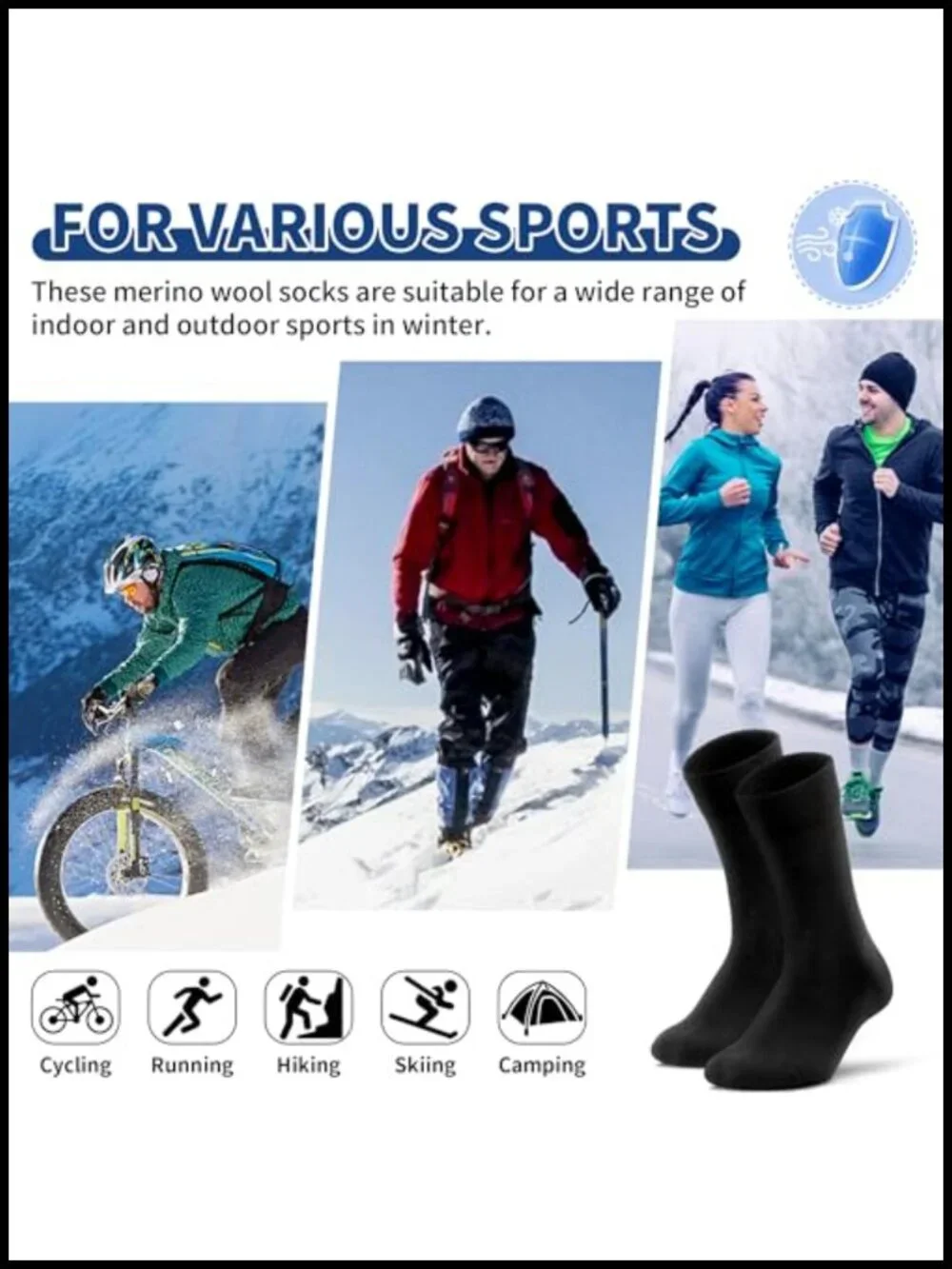 Merino Wool Thermal Crew Socks Men Winter Hiking Running Cycling